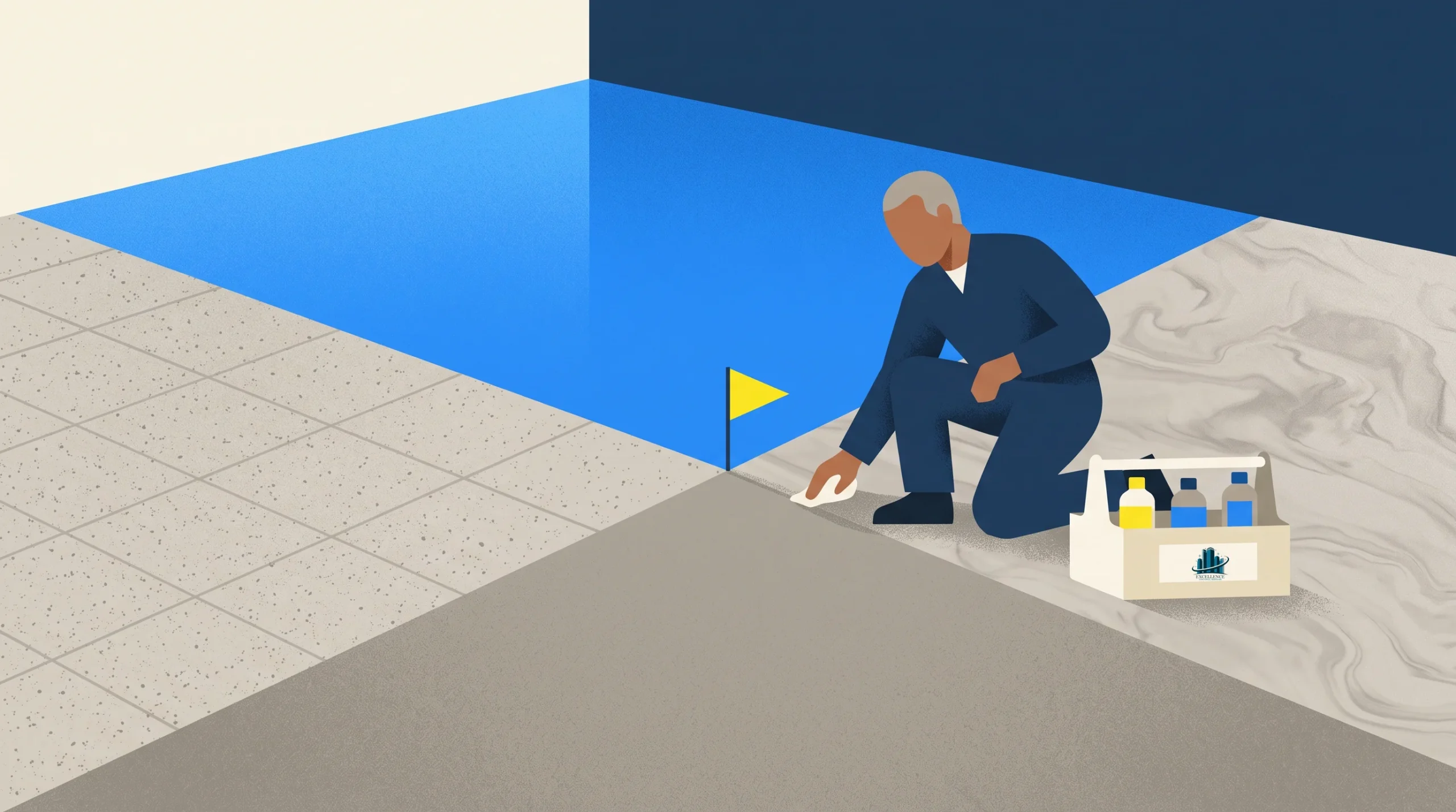 A person in blue work clothes kneels on a tiled surface, placing a small yellow flag. Next to them is a box containing cleaning supplies. The area has different floor textures and a bright blue section.