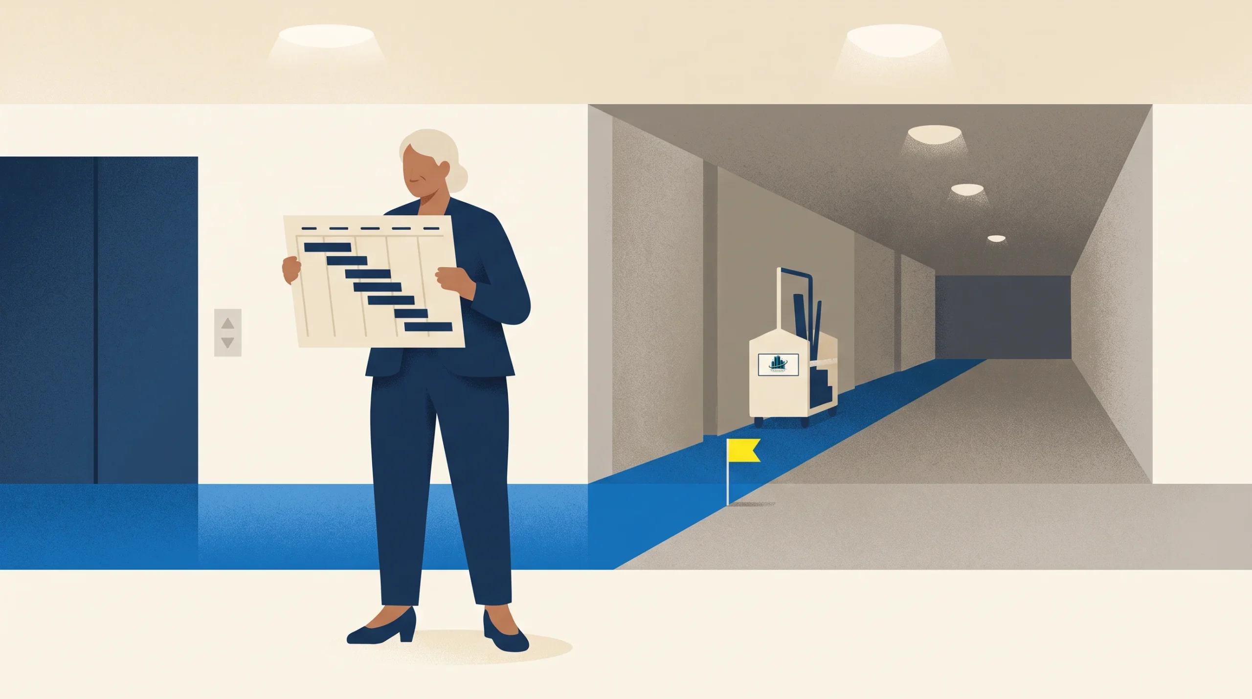 A person in a suit holds a large chart while standing by a hallway with blue flooring. Down the hall, janitorial equipment is visible next to a framed object and a yellow flag. Ceiling lights illuminate the area.