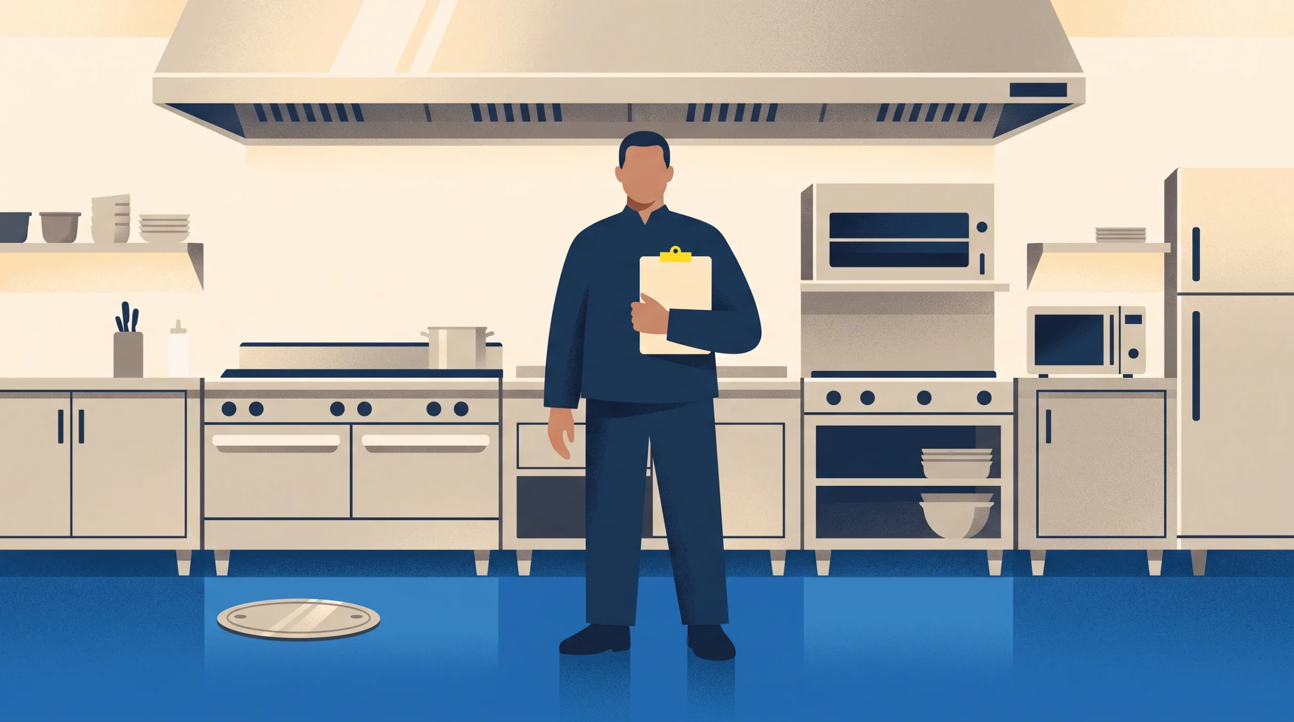A person in a dark uniform stands in the center of a commercial kitchen, holding a clipboard. The kitchen features stoves, ovens, shelves, and utensils, all set against a clean, organized background.