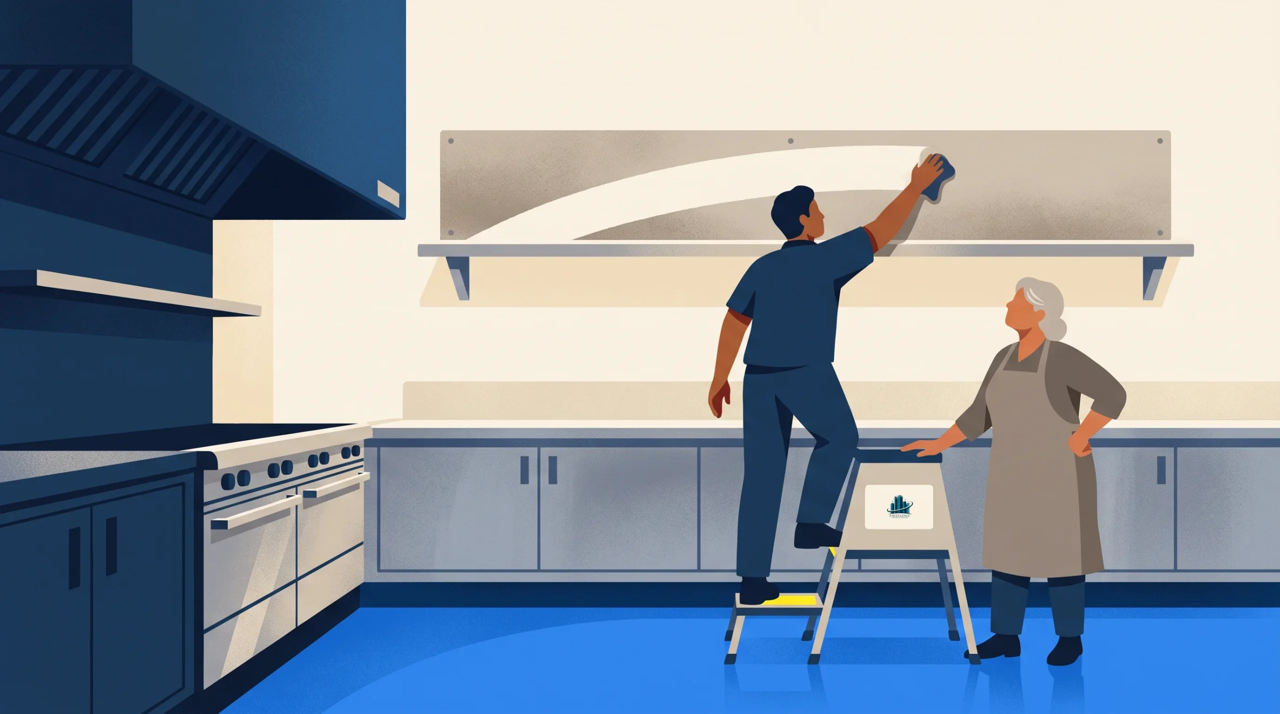 Two people clean a commercial kitchen. One stands on a stepstool, wiping a wall-mounted vent; the other stands nearby, holding cleaning supplies, and watches. The kitchen has stainless steel counters and a blue floor.
