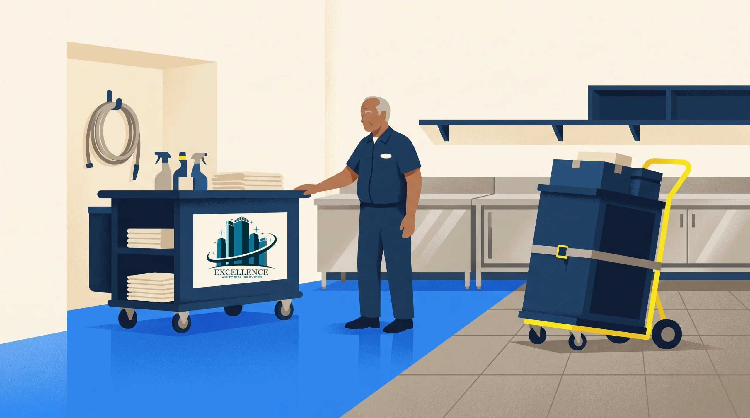 A janitor in uniform stands next to a cleaning cart with towels and spray bottles in a commercial kitchen. Another cart with cleaning supplies is nearby. The floor is blue and the room is well-lit.