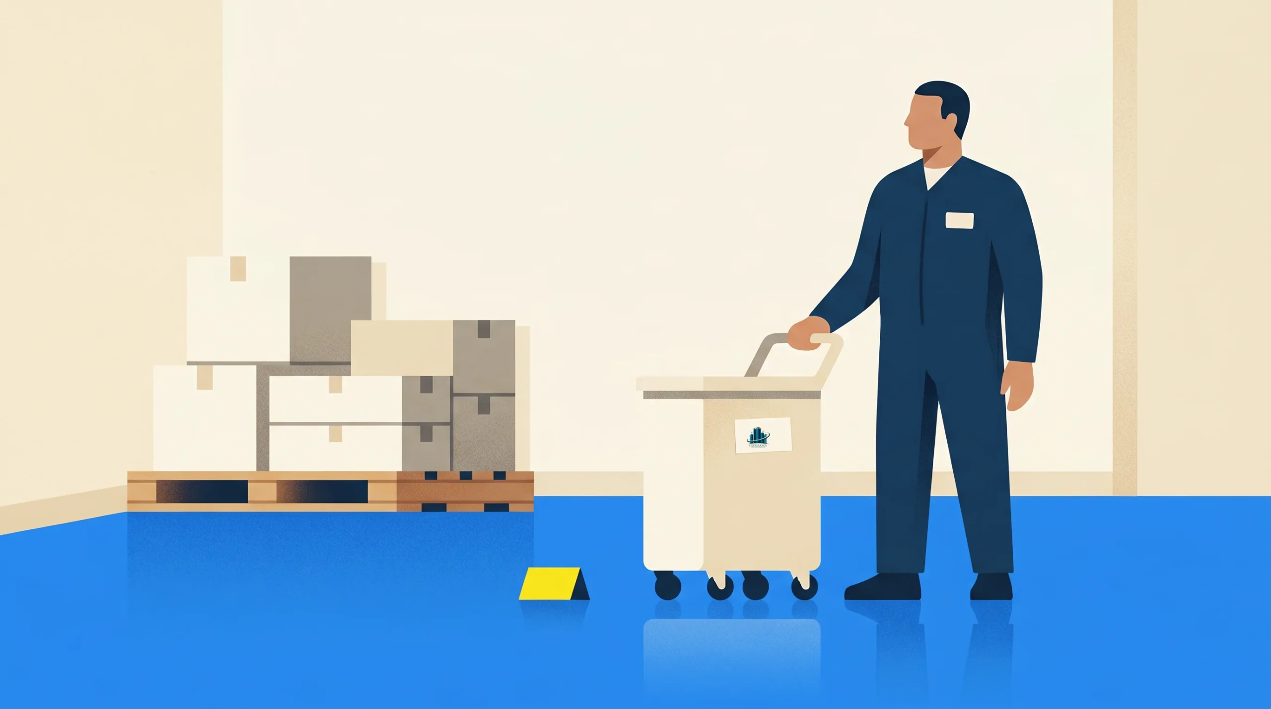 A person in dark coveralls stands next to a cleaning cart on a shiny blue floor. There are stacked cardboard boxes on a pallet and a small caution sign nearby. The setting appears to be a warehouse or storage area.