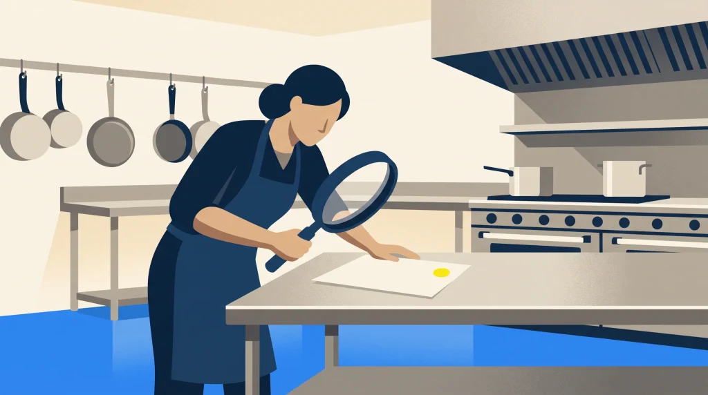 A woman in a kitchen examines a sheet of paper with a magnifying glass on a counter. Pots and pans hang on the wall, and a stove with a pot is in the background.