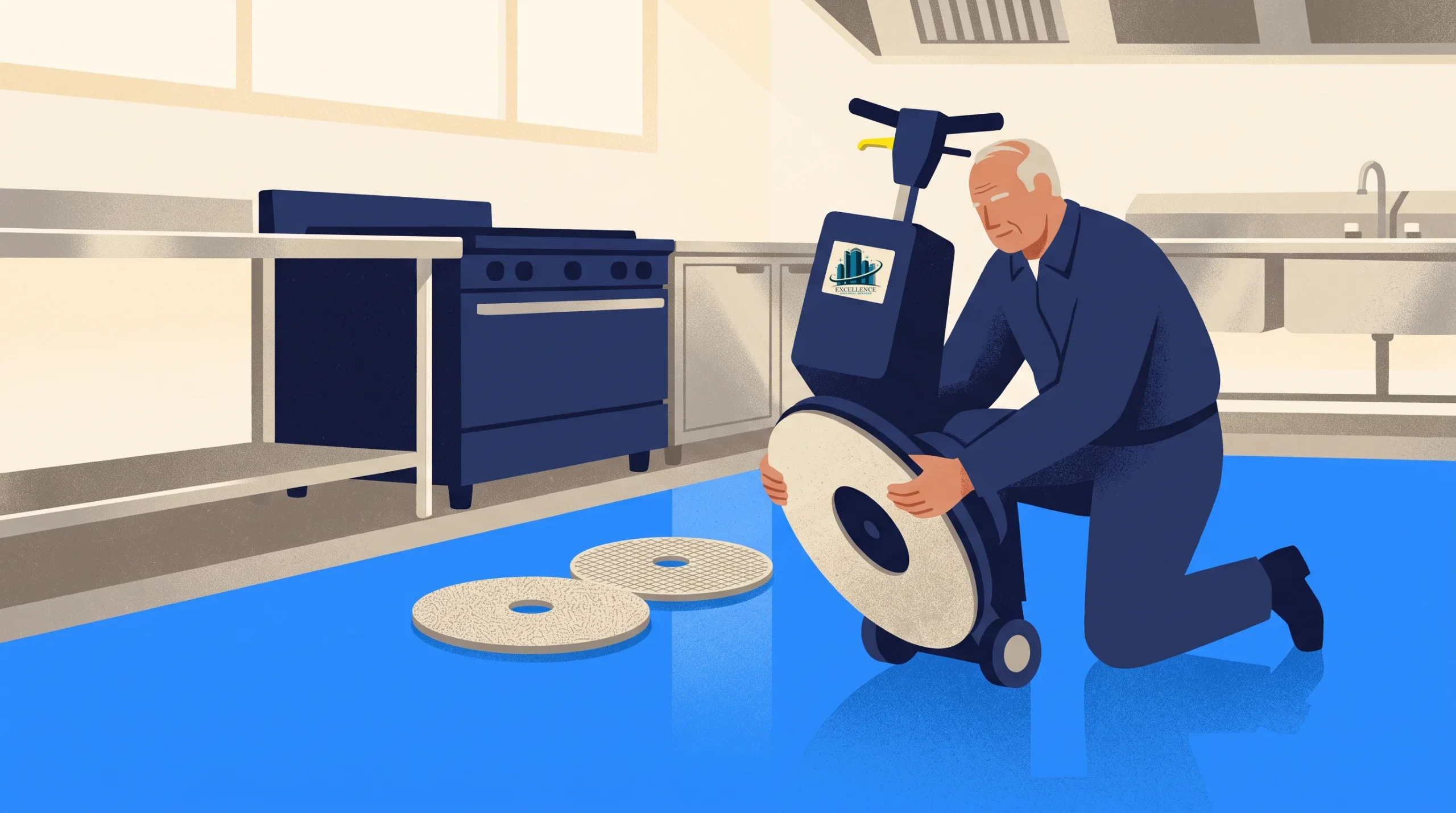 An older man in a kitchen kneels on a blue floor, attaching a round pad to a floor cleaning machine. Two other pads are lying on the floor nearby.