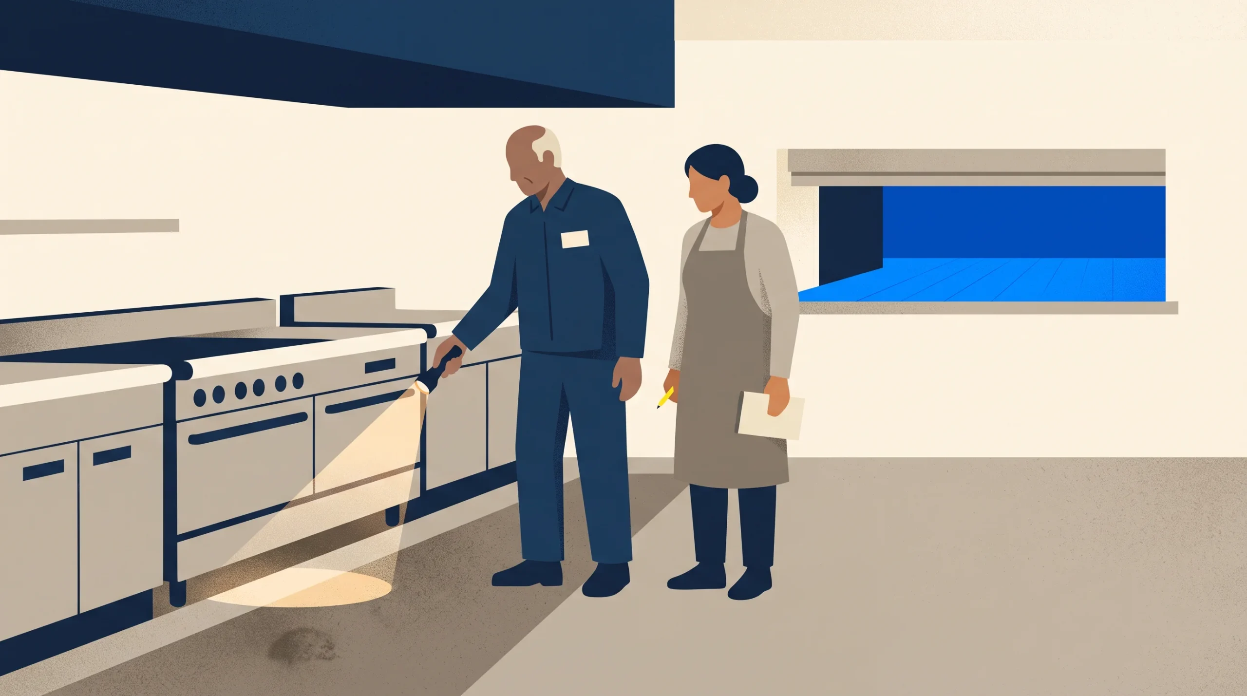 Two people stand in a kitchen; one shines a flashlight at the floor near an oven while the other holds a notebook and pen, observing. A small dark spot is visible on the floor beneath the oven.