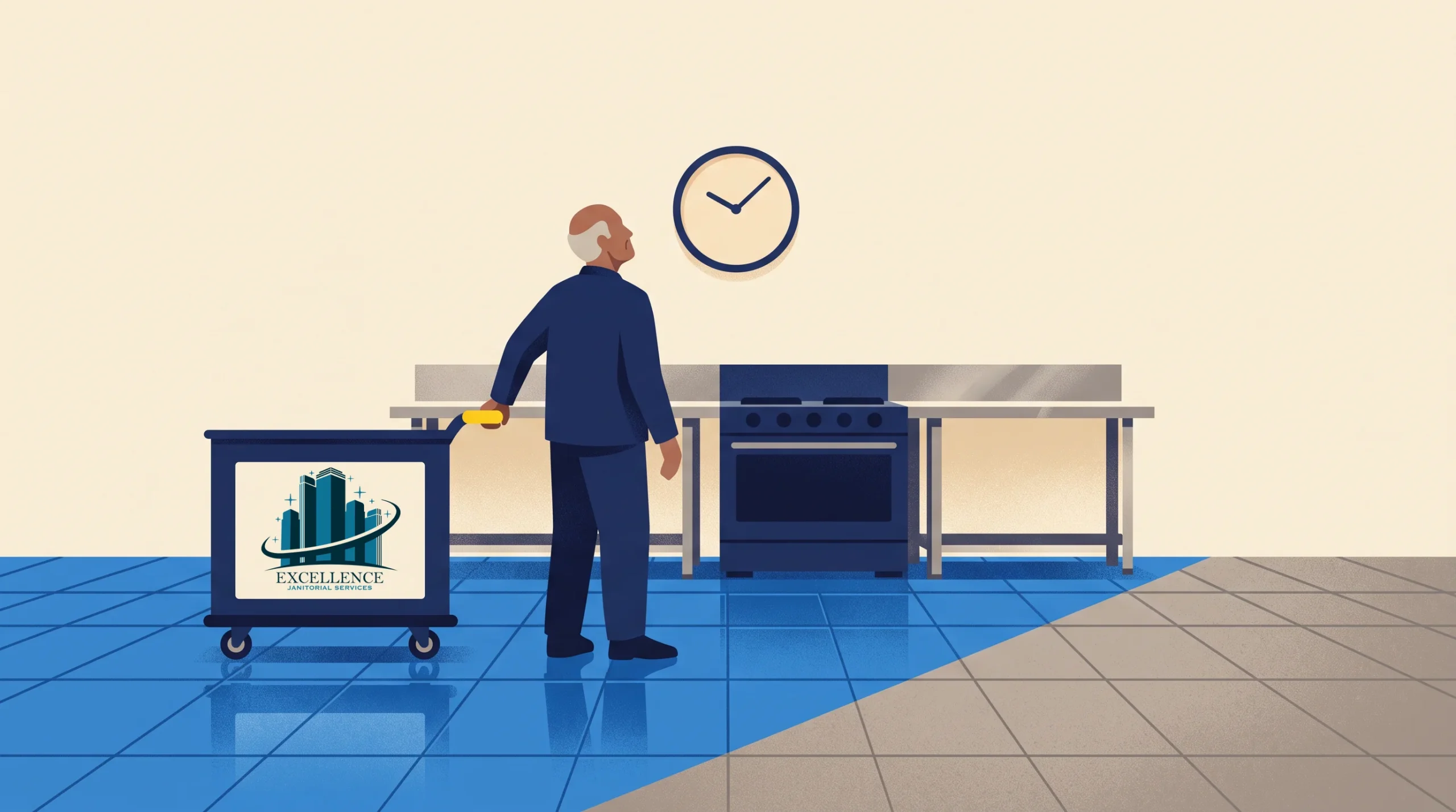 A man in a suit stands in a kitchen near a stove, looking at a clock on the wall. He holds a cleaning cart with a logo that says “Excellence,” featuring stylized buildings. The floor is blue and gray tile.