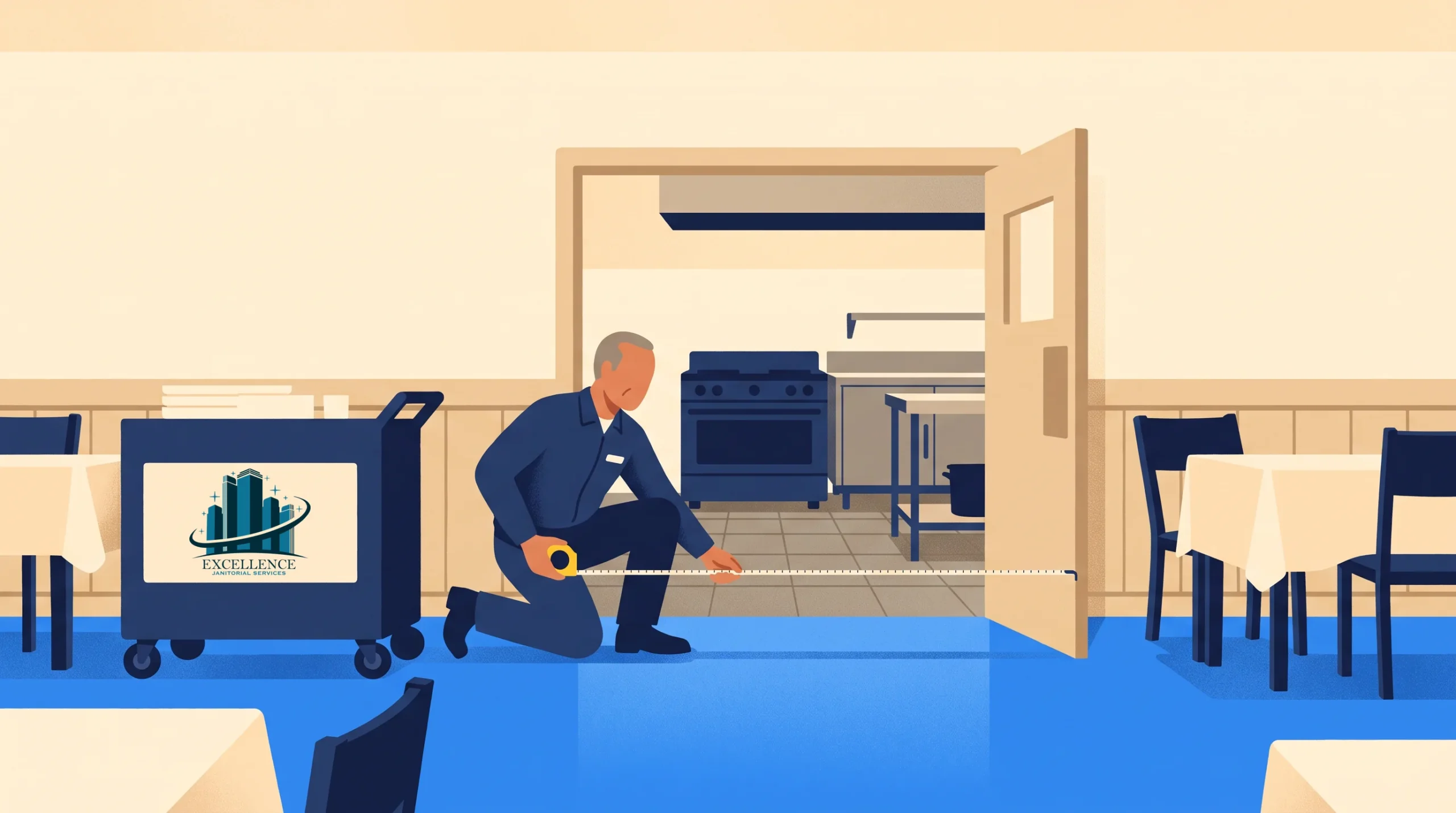 A man kneels on the floor with a tape measure, measuring a doorway in a commercial kitchen. A cleaning cart is nearby. There are tables and chairs in the foreground.