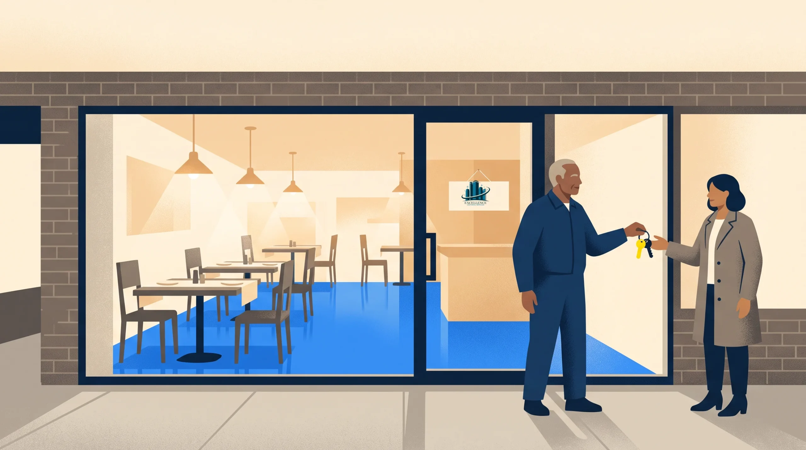 A man hands keys to a woman outside a modern, empty restaurant with large windows and neatly arranged tables and chairs, indicating a turnover or lease of the establishment.