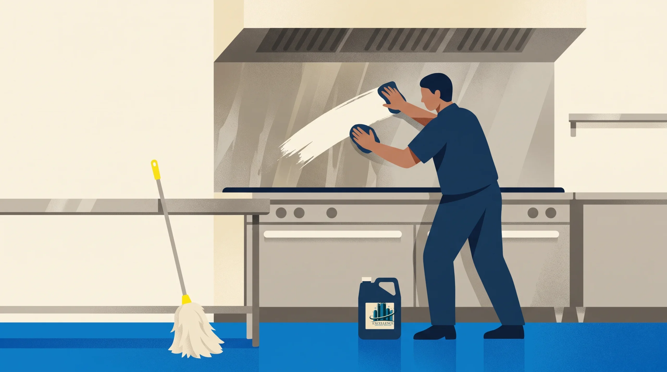 A person in dark clothing cleans a commercial kitchen stove hood with a sponge. A mop leans against a counter, and a container of cleaning solution sits on the blue floor nearby.