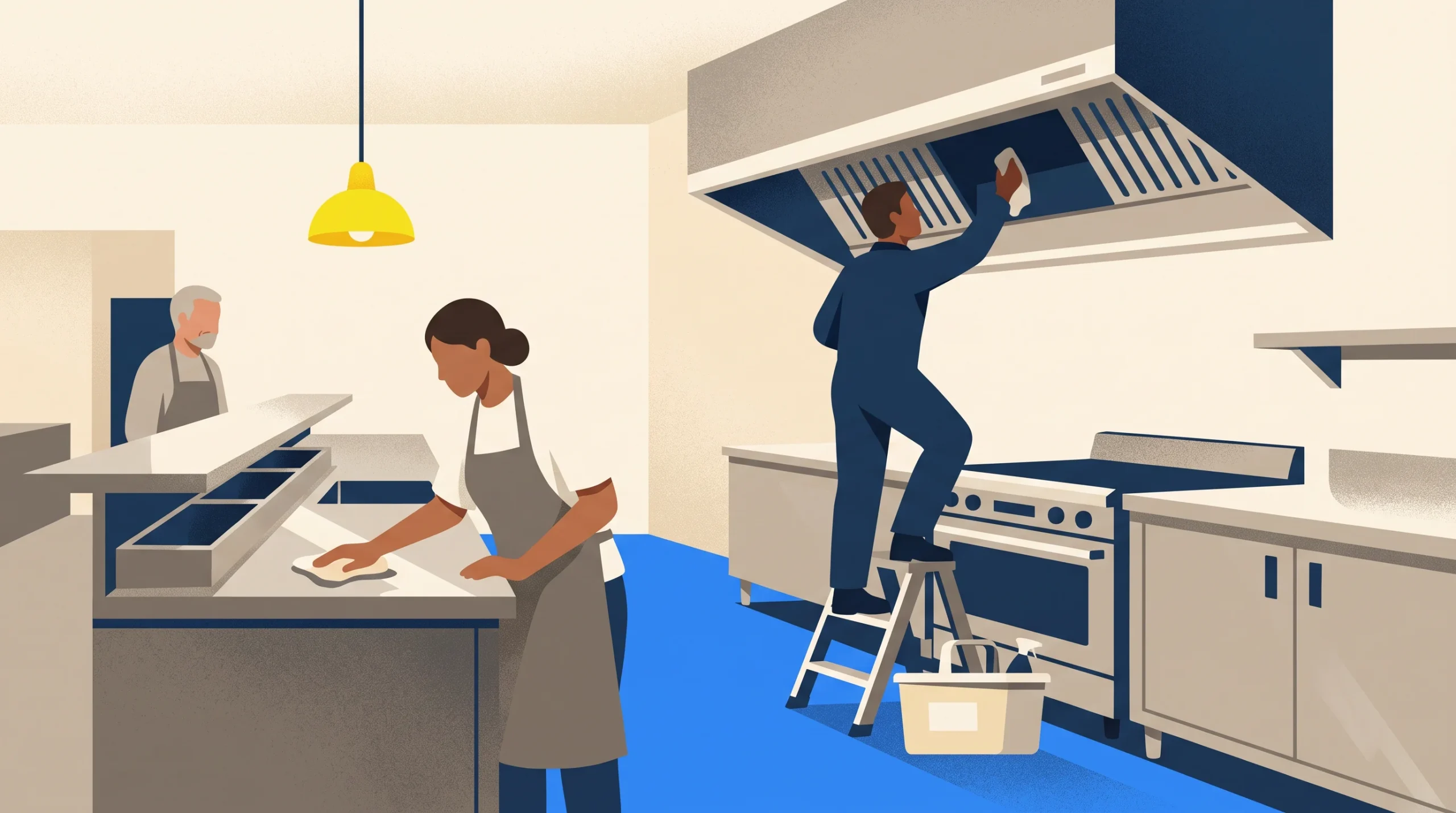 Three people clean a commercial kitchen. One wipes a counter, another cleans a stove hood while standing on a ladder, and a third works near trays. The space is organized and brightly lit with a yellow hanging lamp.