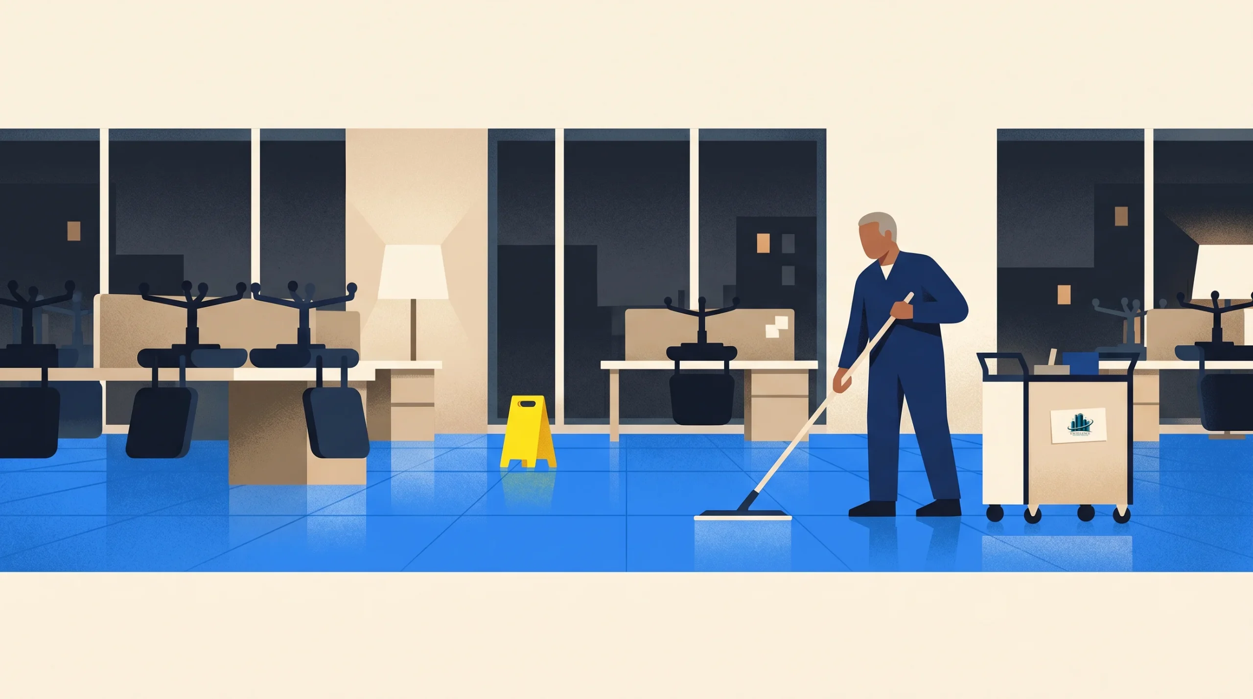 A person in uniform mops the floor of an office at night. Office chairs are up on desks, a wet floor sign is present, and a cleaning cart stands nearby. The room is lit by lamps and overhead lights.