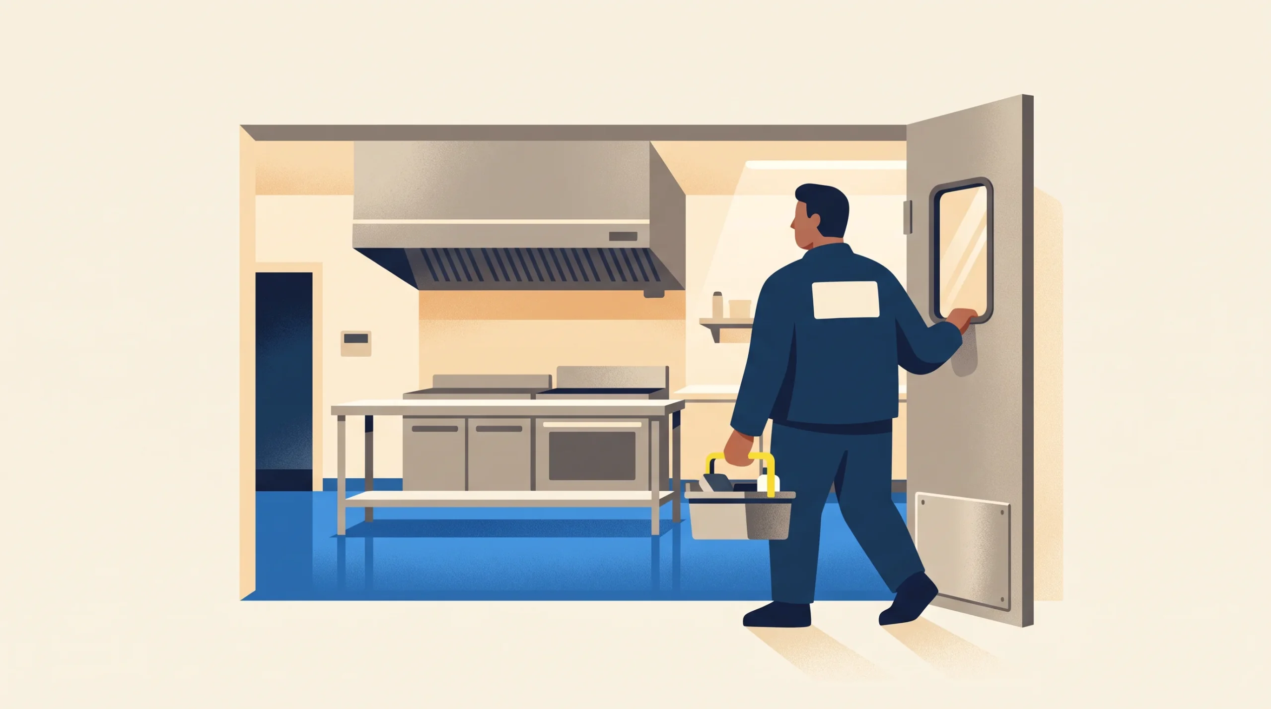 A maintenance worker in a blue uniform enters a commercial kitchen, holding a toolbox and a bucket. The kitchen has metal counters, equipment, and a blue floor. The worker's face is not visible.