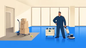 A person in blue work clothes stands next to cleaning equipment on a shiny blue floor. Nearby, a cart with stacked boxes is on a gray mat. Large windows fill the background with natural light.