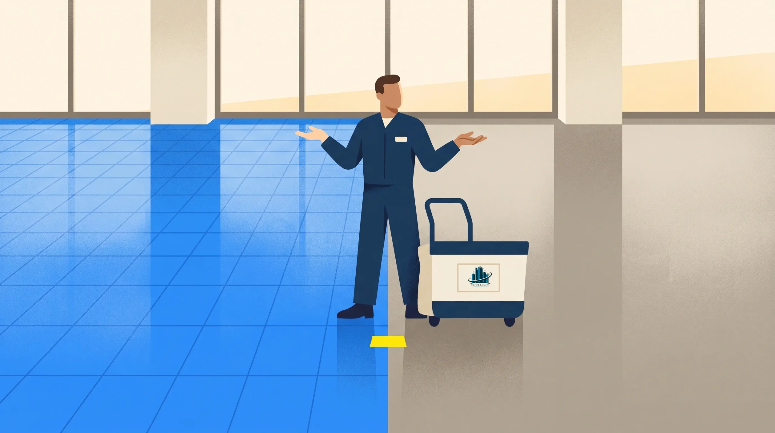 A person in a blue uniform stands on a tiled blue floor next to a cleaning cart, at the transition between the blue floor and a gray floor in a building with large windows.