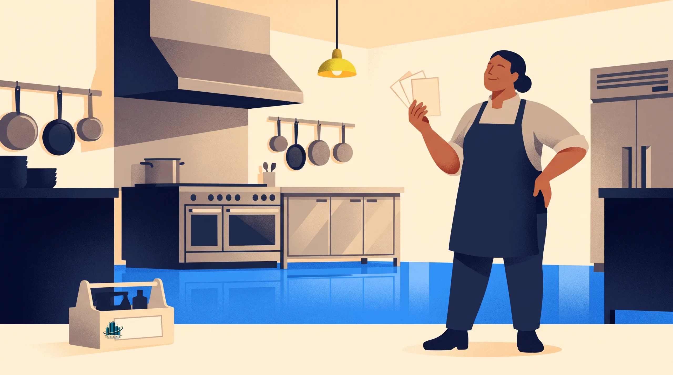 A person wearing an apron stands confidently in a modern, tidy kitchen, holding a few sheets of paper. Pots and pans hang on the wall, and kitchen equipment is neatly arranged on counters and shelves.