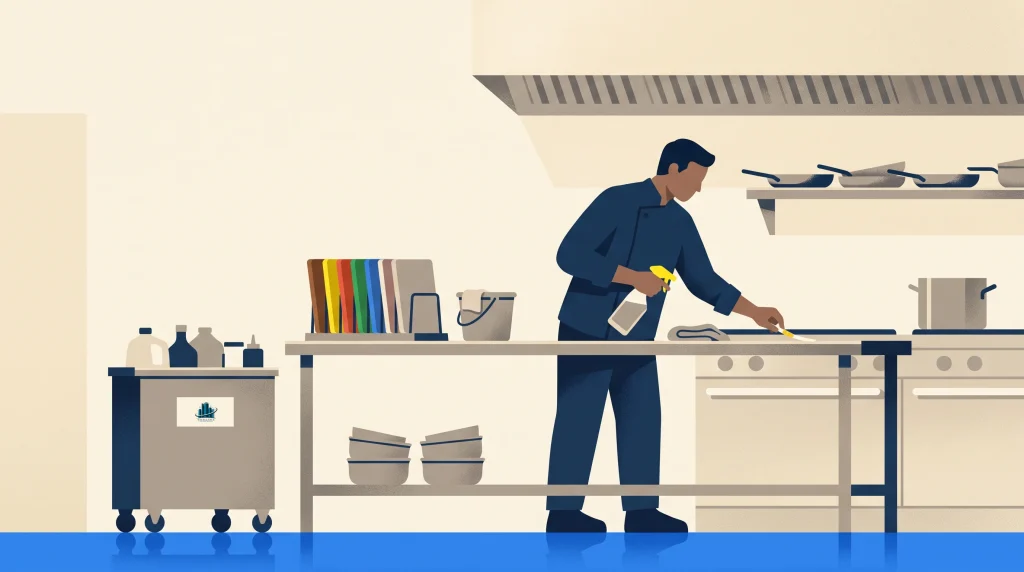 A person in a kitchen cleans a countertop with a spray bottle and cloth. Cooking equipment, dishes, and cleaning supplies are visible around them, suggesting routine cleaning in a professional kitchen.