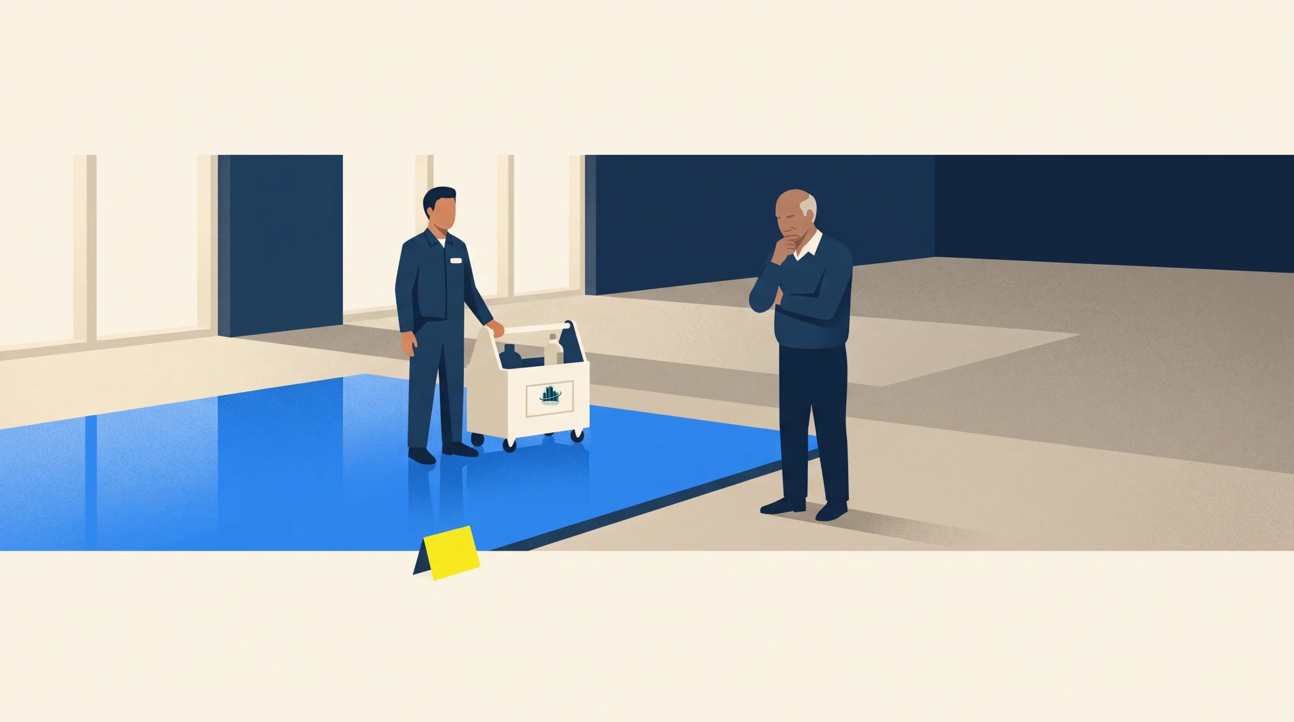 Two men stand near a wet floor sign and a cart in a large indoor space with blue flooring. One man appears to be a worker, while the other stands at a distance with a thoughtful expression.