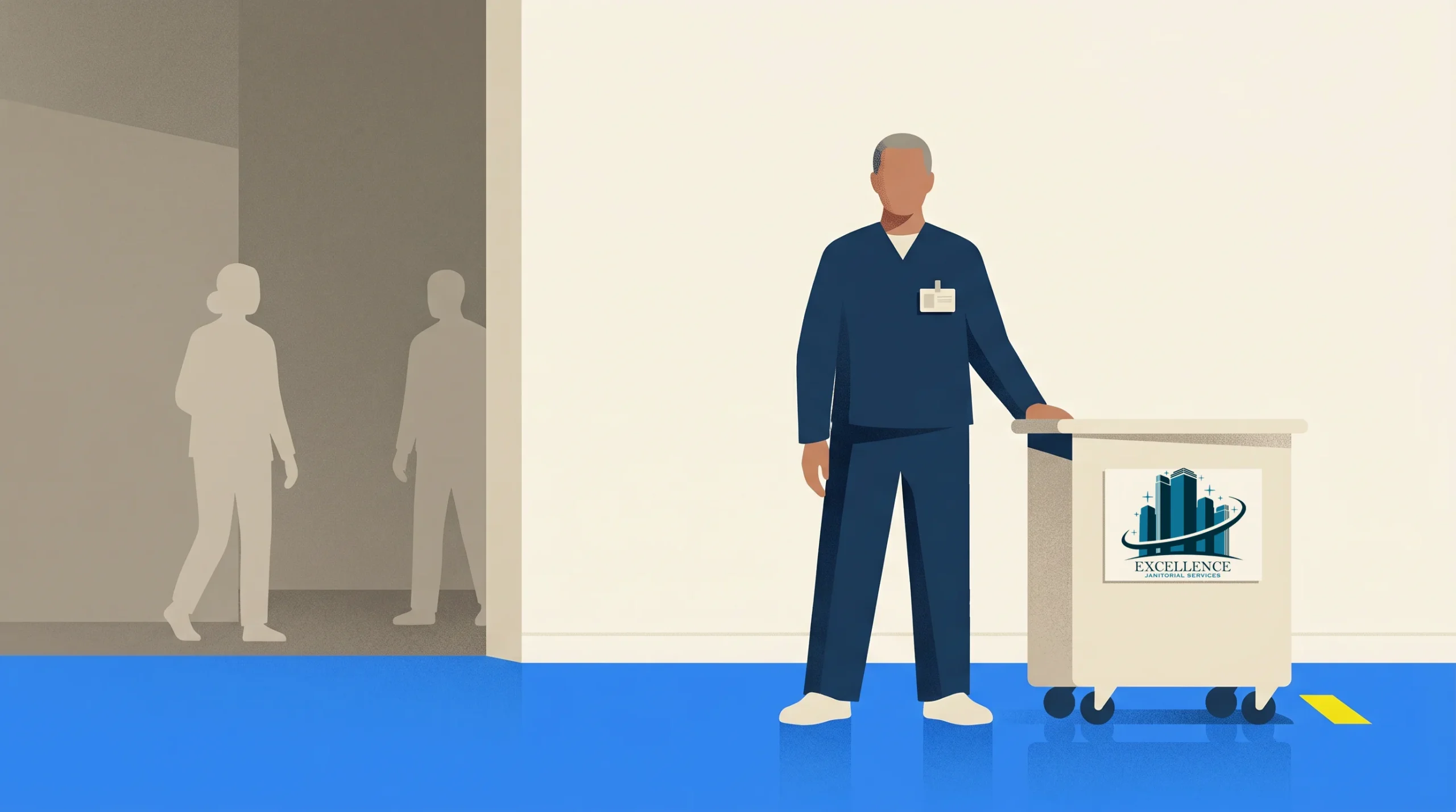 A person in navy blue scrubs stands next to a janitorial cart labeled "Excellence" in a clean hallway, while two shadowy figures are visible in the background.