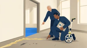 Two inspectors in uniforms examine a floor near a doorway, pointing at a yellow spill and black marks. One is kneeling, holding a clipboard with a logo, and a measuring wheel is beside them. Light filters through nearby windows.