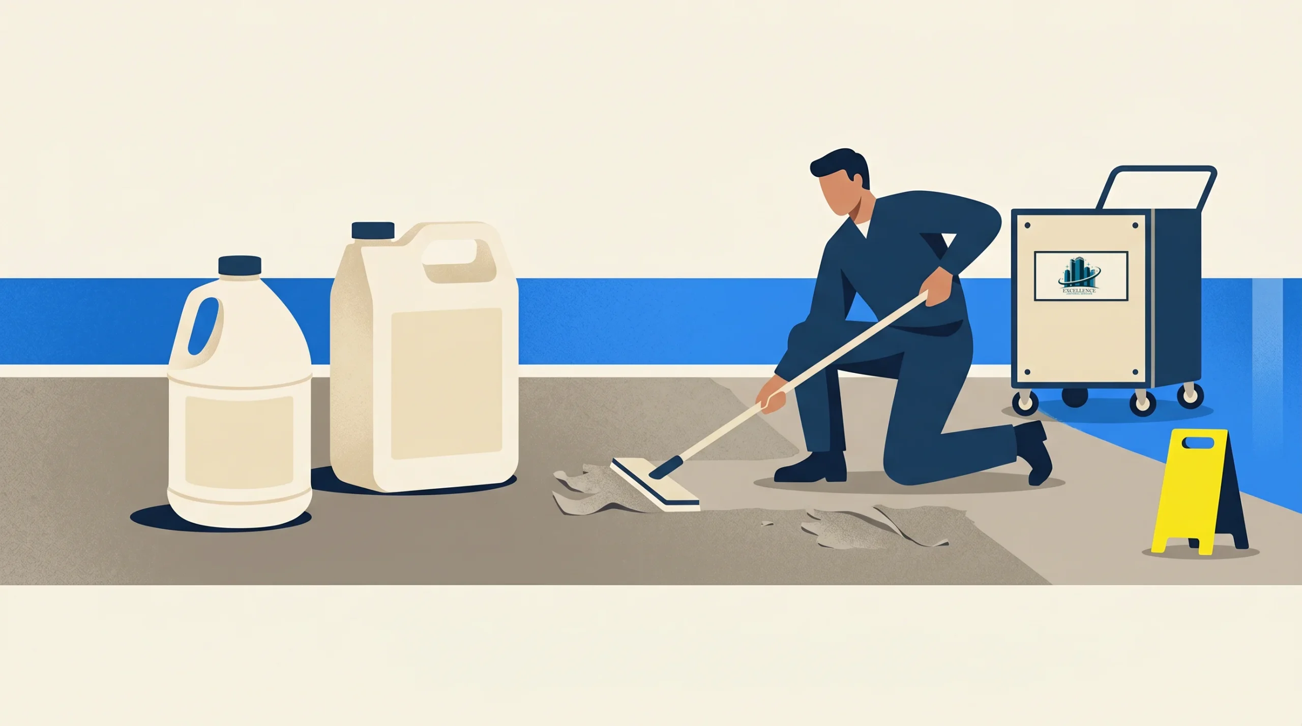 A person in dark clothing kneels on the floor, using a mop to clean up a spill. Large cleaning solution bottles, a cart, and a yellow caution sign are nearby. The scene takes place indoors.