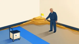 An older man in blue clothing points at layers of dirt with a yellow flag in a corner. A cleaning cart is nearby on a blue-striped floor. The scene is indoors with plain walls.