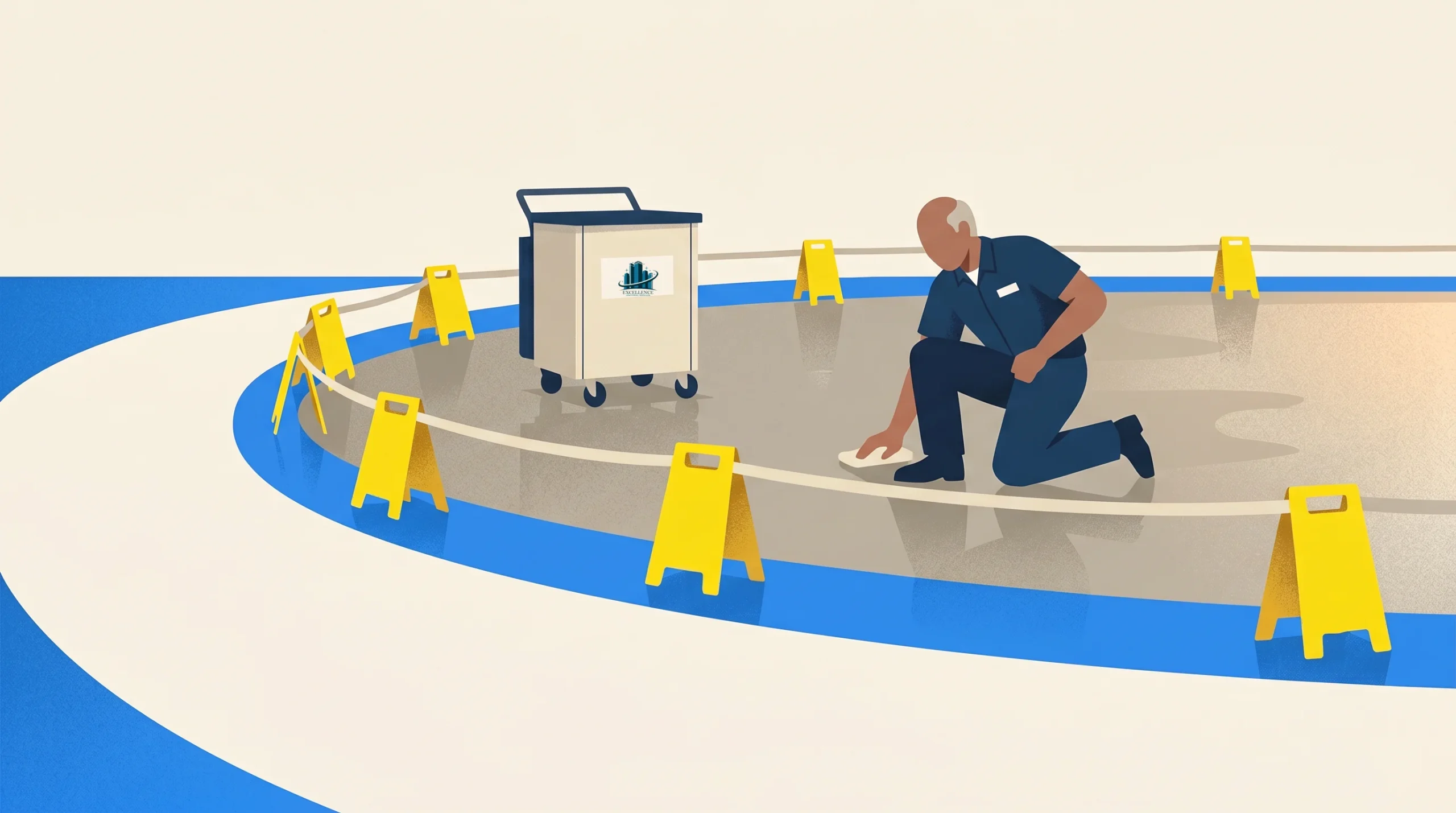 A person in a uniform is kneeling to clean a circular section of a floor surrounded by yellow caution signs, with a cleaning cart nearby.