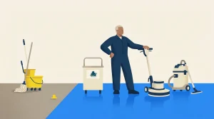 A person in blue coveralls stands on a blue floor holding a floor buffer. Nearby are cleaning machines, a yellow mop bucket, mop, and a cleaning cart. The scene transitions from a gray to a blue floor.