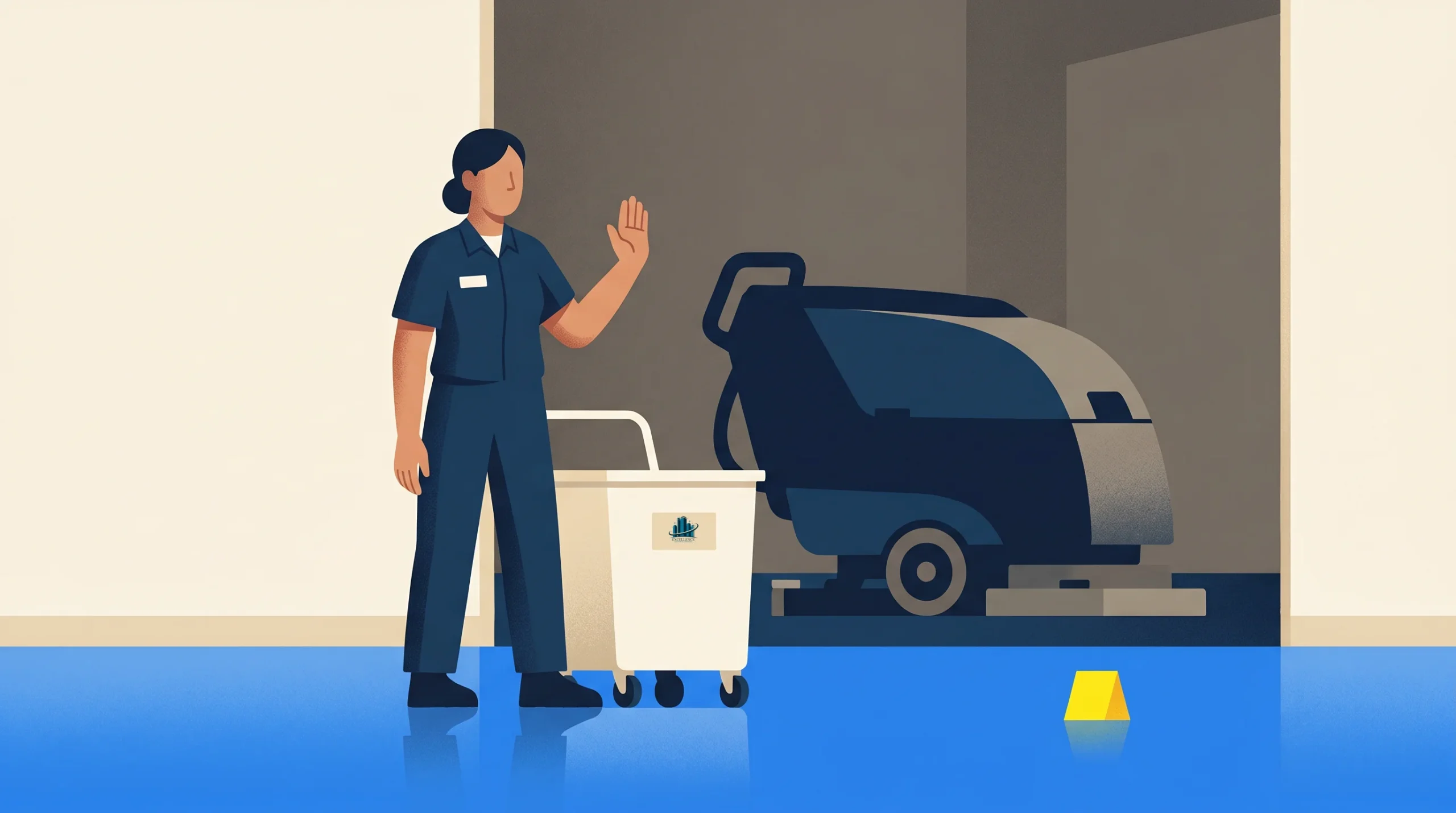 A person in a cleaning uniform stands next to a cart, raising one hand. A floor cleaning machine and a yellow caution sign are visible in the background. The floor is blue and appears recently cleaned.