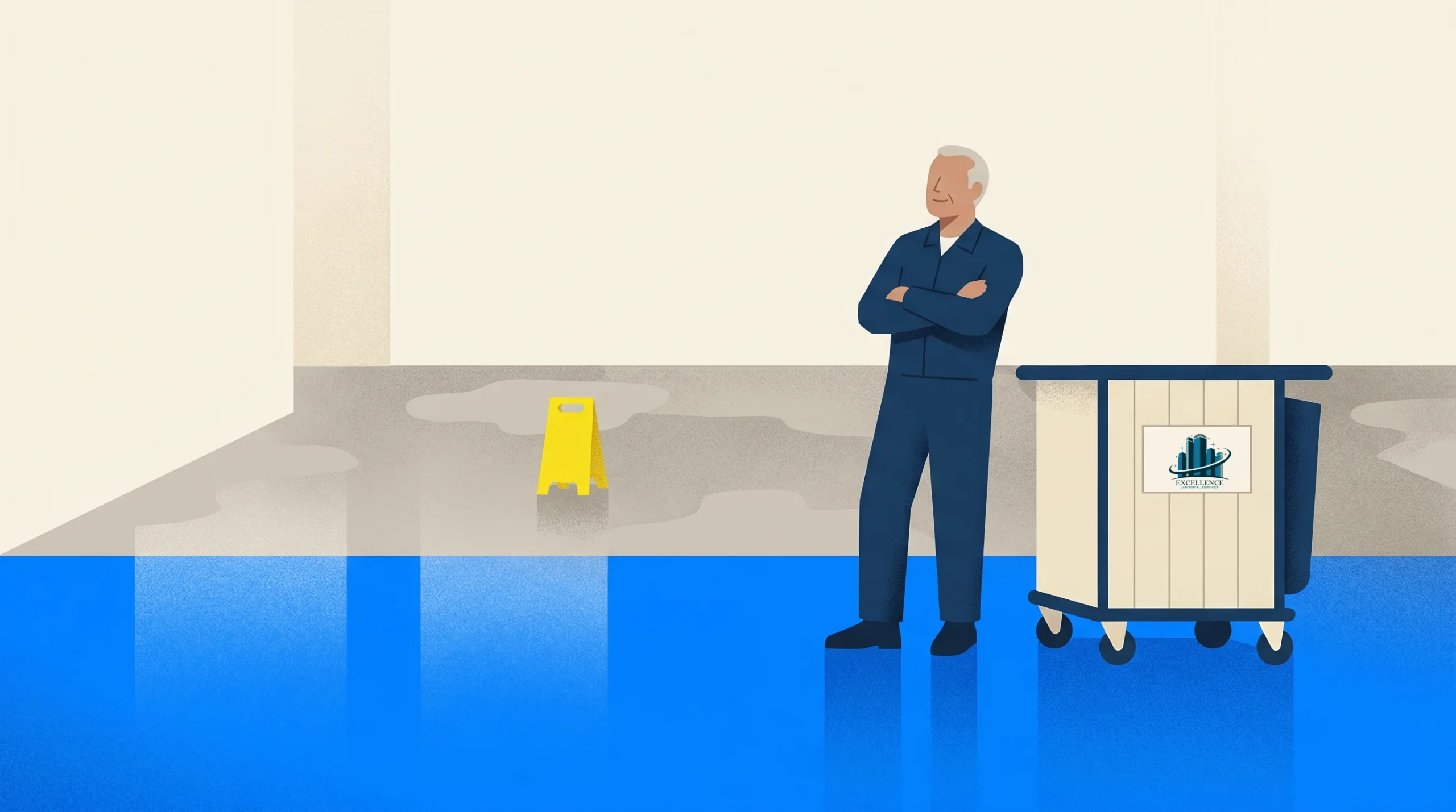 A janitor stands with arms crossed next to a cleaning cart on a blue-tiled floor. A wet floor caution sign is visible in the background.