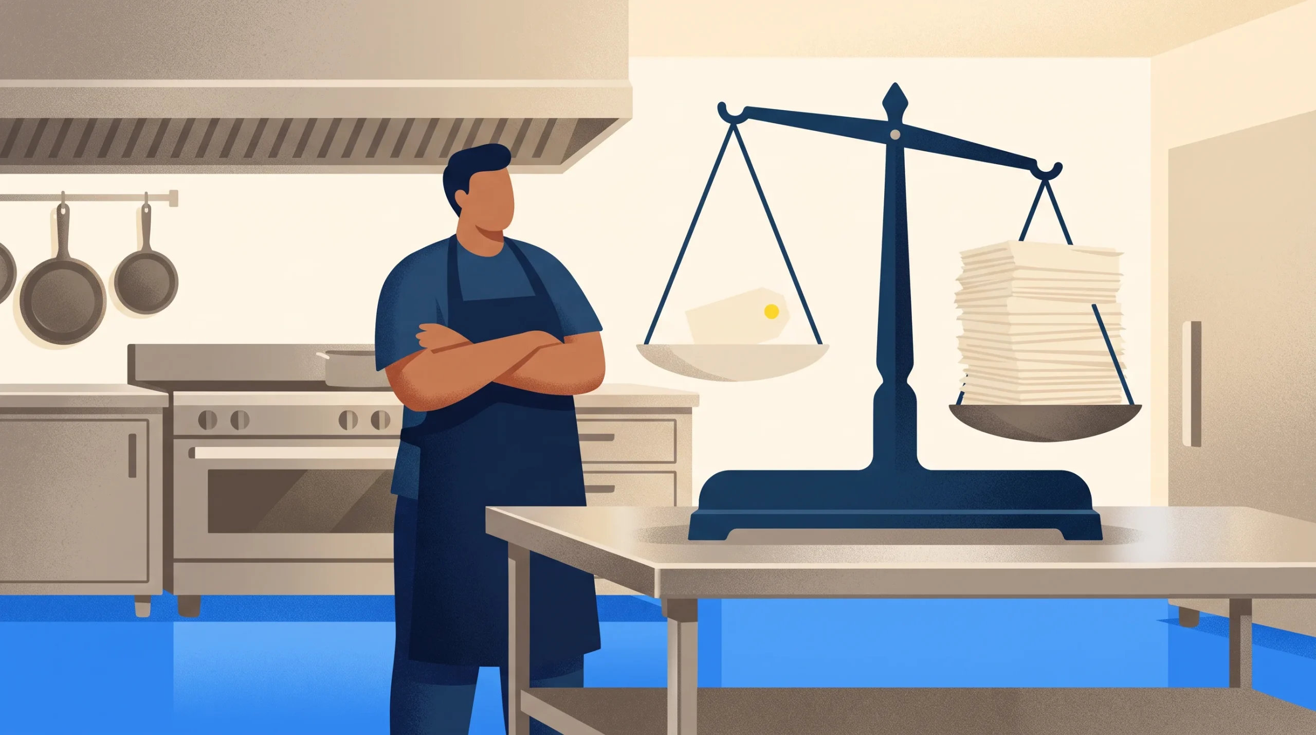 A person in an apron stands with arms crossed in a kitchen, looking at a scale. One side of the scale holds a block of butter; the other holds a large stack of papers. Kitchen equipment is visible in the background.