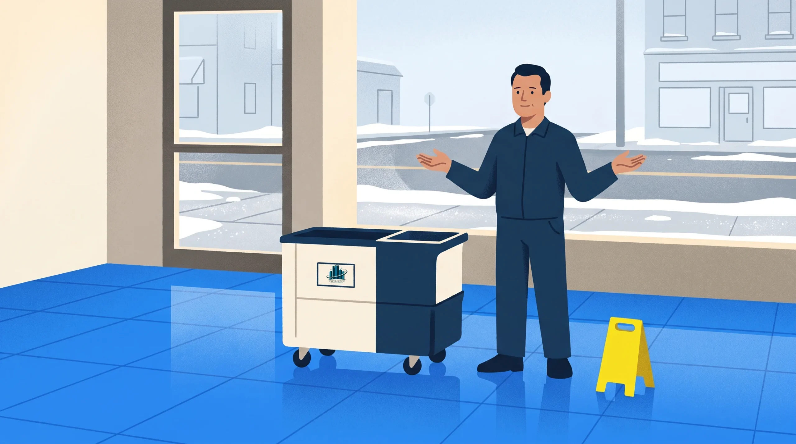 A person in dark blue work clothes stands indoors on a shiny blue floor next to a wheeled cleaning cart and a yellow caution sign. Snow is visible outside through large windows.
