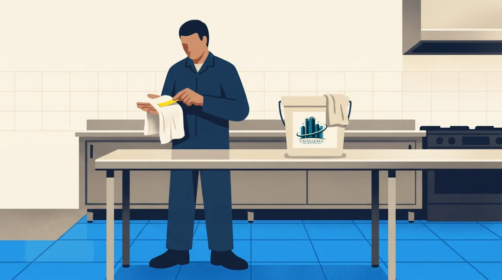 A person in blue work clothes wipes a surface with a white cloth in a commercial kitchen. A cleaning bucket with a towel and a logo is on the table. The floor is blue and the background shows tiled walls and stainless steel counters.