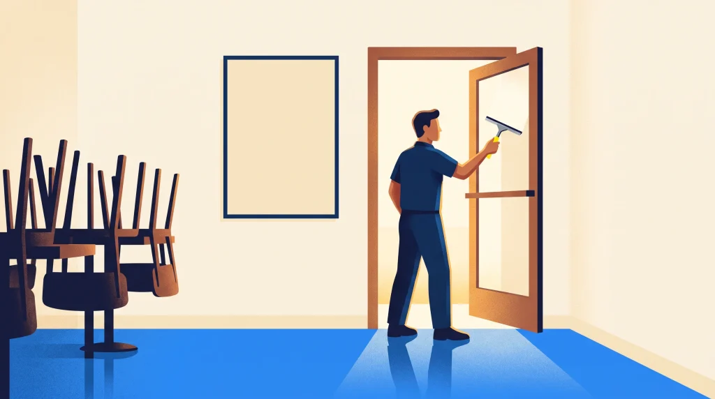 A person cleans a glass door with a squeegee in a room with blue flooring. Chairs are stacked on the left, and an empty picture frame hangs on the wall. Sunlight enters through the open door.