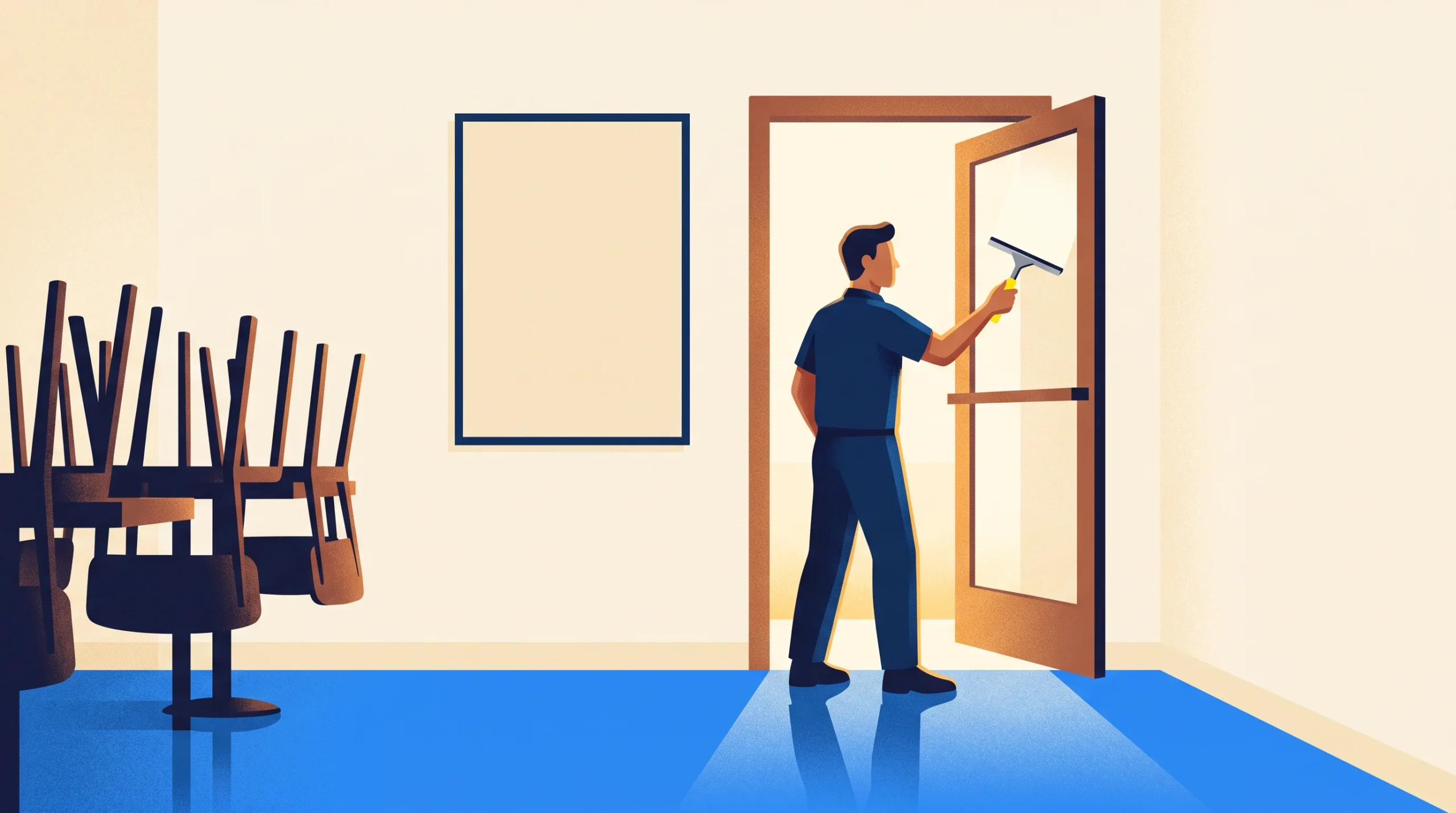 A person cleans a glass door with a squeegee in a room with blue flooring. Chairs are stacked on the left, and an empty picture frame hangs on the wall. Sunlight enters through the open door.