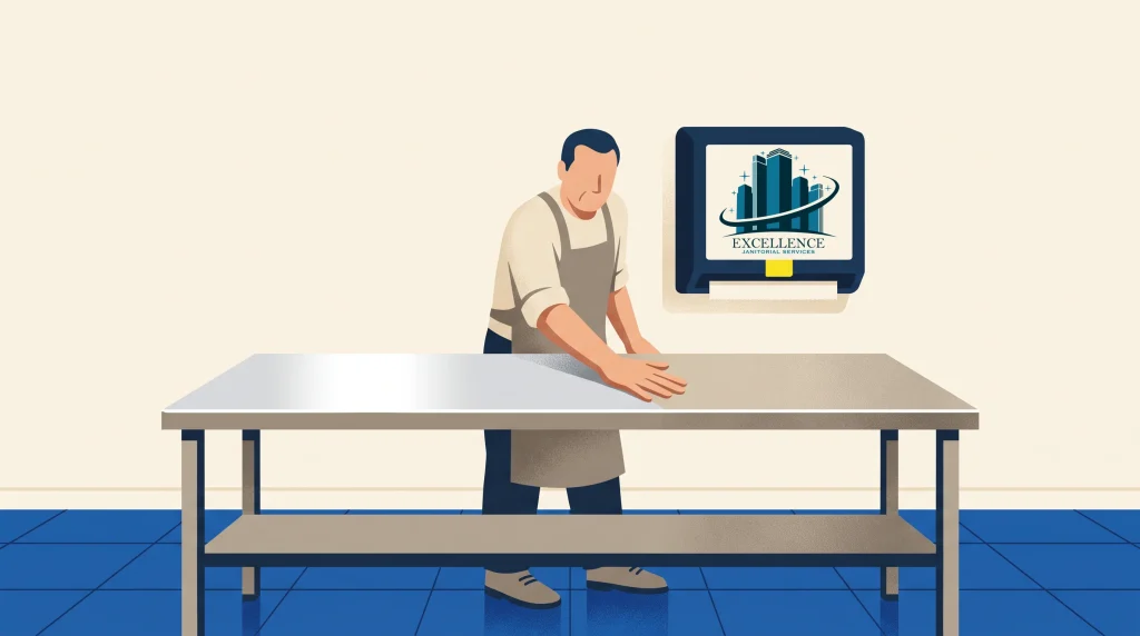A person in an apron wipes down a metal table in a clean room with blue tile flooring. A wall-mounted screen nearby displays an “Excellence” logo with buildings and a star swoosh.