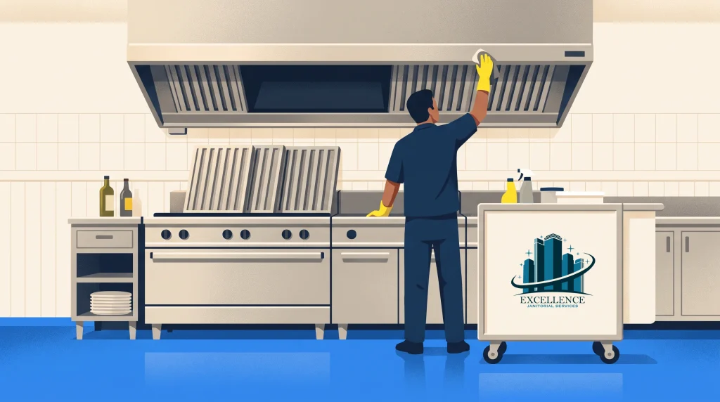 A person wearing gloves cleans a large stainless steel kitchen hood, with cleaning supplies on a cart labeled “Excellence Janitorial Services” nearby in a commercial kitchen.