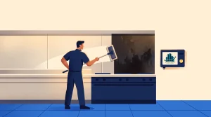 A person in uniform cleans a commercial kitchen wall with a mop-like tool. The wall is partially covered in dark grime, and a device with a building logo is mounted nearby. The floor is blue tile.