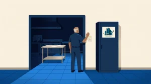 A man stands in a blue-tiled room, facing a wall and pressing a light switch. To his right is a cabinet with an “Excellence” logo. Behind him, a doorway reveals a kitchen area with a table and stove.