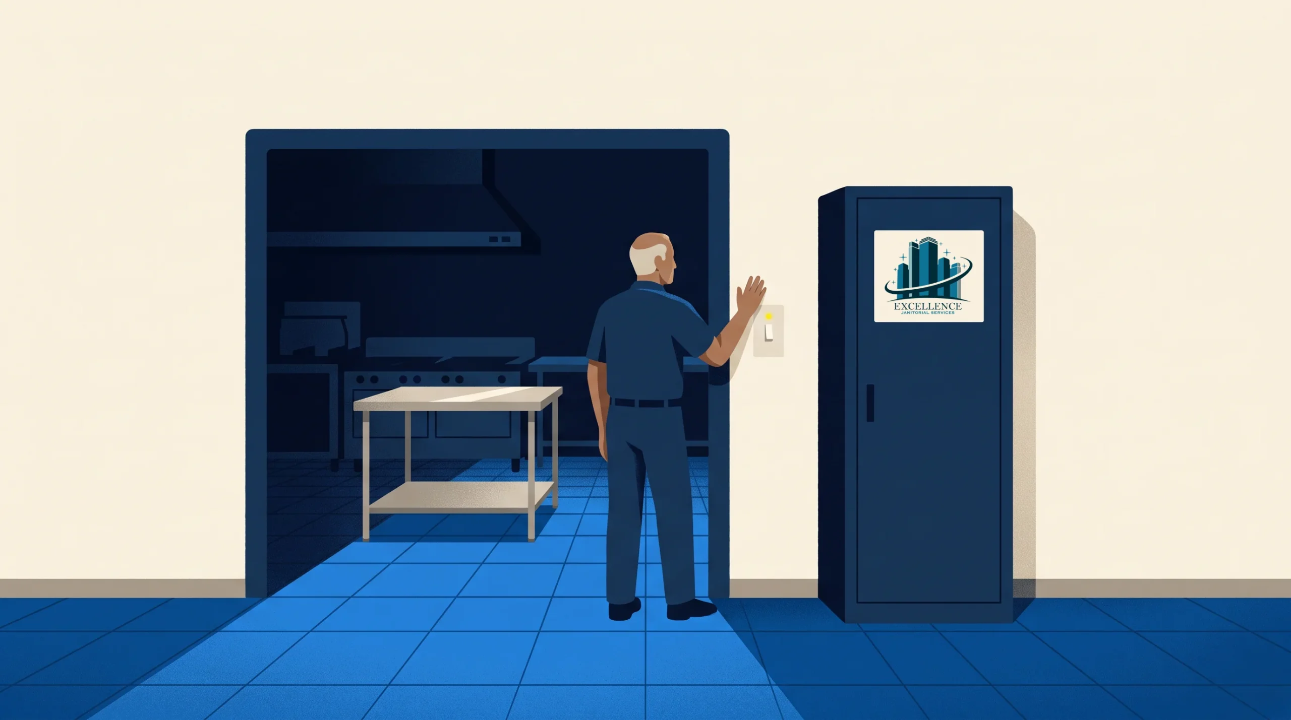 A man stands in a blue-tiled room, facing a wall and pressing a light switch. To his right is a cabinet with an “Excellence” logo. Behind him, a doorway reveals a kitchen area with a table and stove.