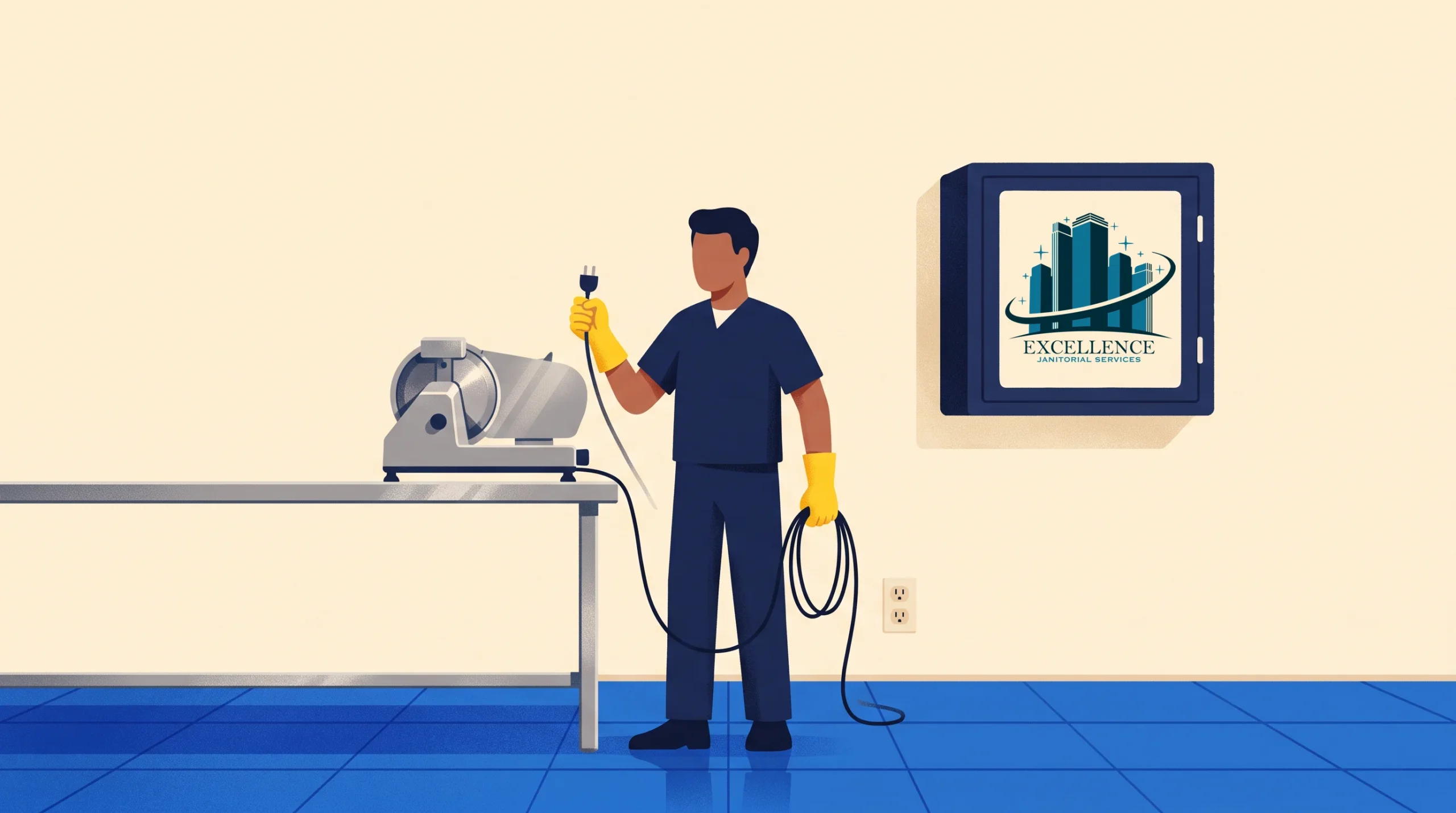 A person wearing gloves stands on a blue tile floor, holding a power cord near a silver machine on a table. A framed “Excellence” certificate with buildings is mounted on the beige wall.