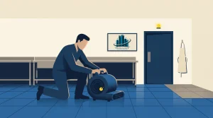 A person kneels on a blue tiled floor while operating a large air blower in a clean room. A framed logo hangs on the wall, and an apron is on a hook next to a closed door with a yellow light above it.
