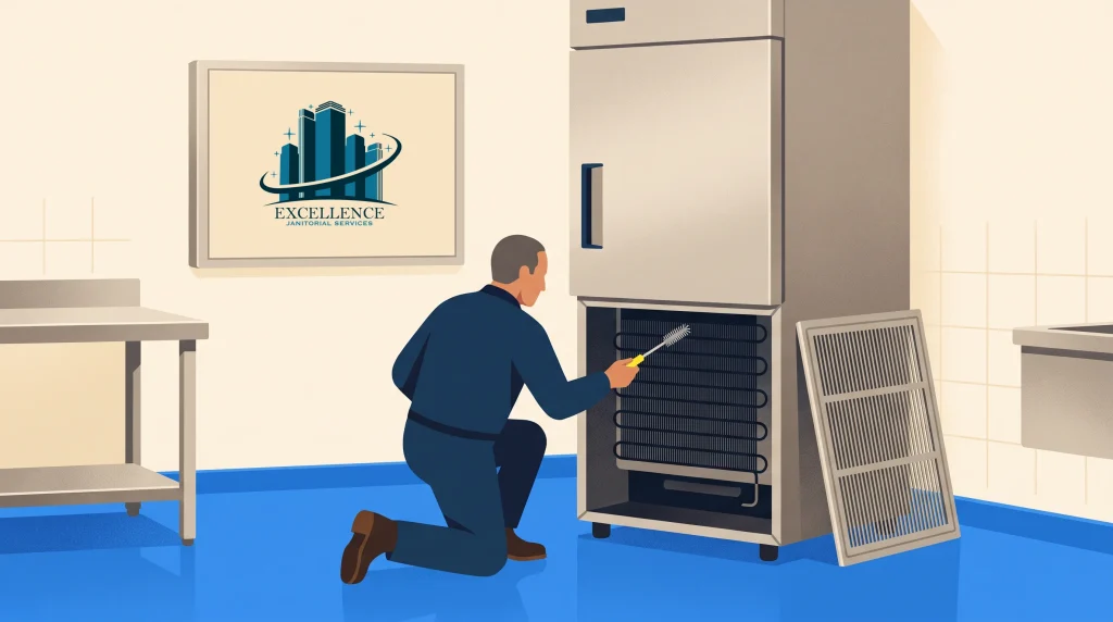 A maintenance worker kneels on a blue floor, cleaning the coils of a commercial refrigerator with a brush. A vent cover is on the floor nearby. A sign on the wall reads “Excellence Janitorial Services.”.