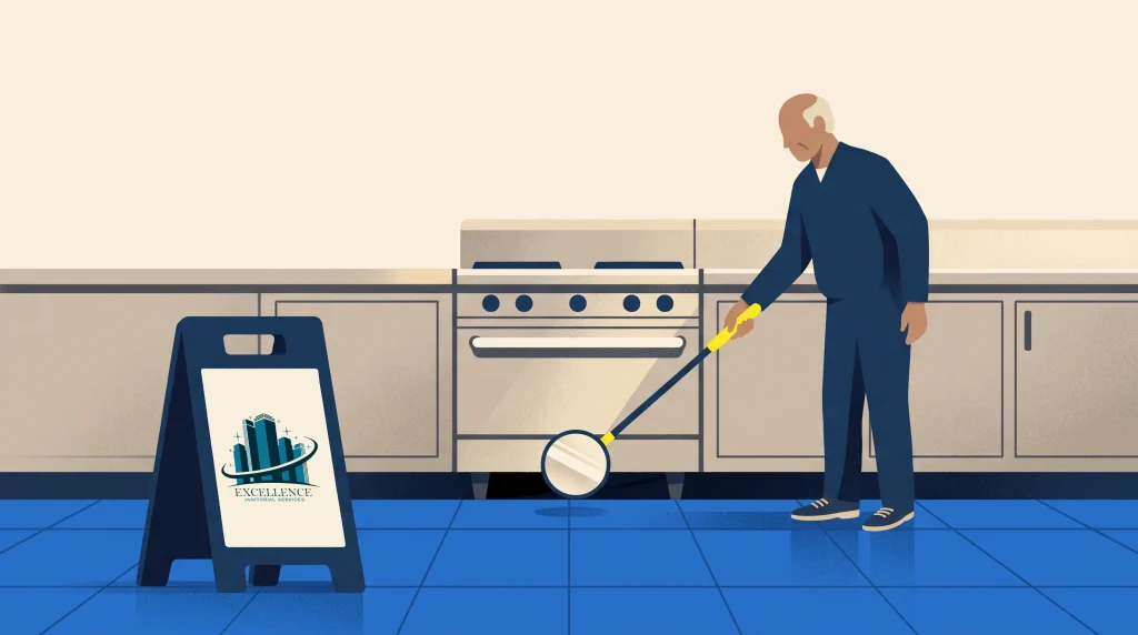 A person inspects under a kitchen oven with a flashlight. There is a sign with a building logo and the word “Excellence” on the left side of the blue-tiled floor. The scene appears clean and orderly.