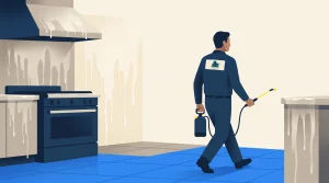 A person in a uniform sprays cleaning solution in a kitchen. The stove, walls, and floor show streaks of cleaner. The individual holds a spray wand and a canister and walks past a counter.