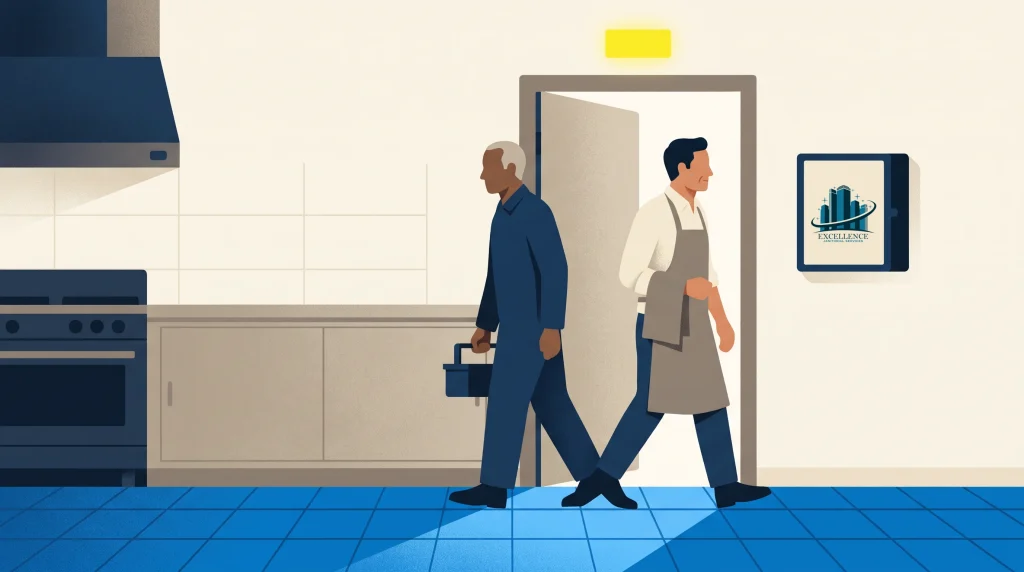 Two men, one in dark work clothes holding a toolbox and the other in a white shirt and apron, walk in opposite directions through a kitchen doorway. A framed certificate labeled “Excellence” hangs on the wall near the door.