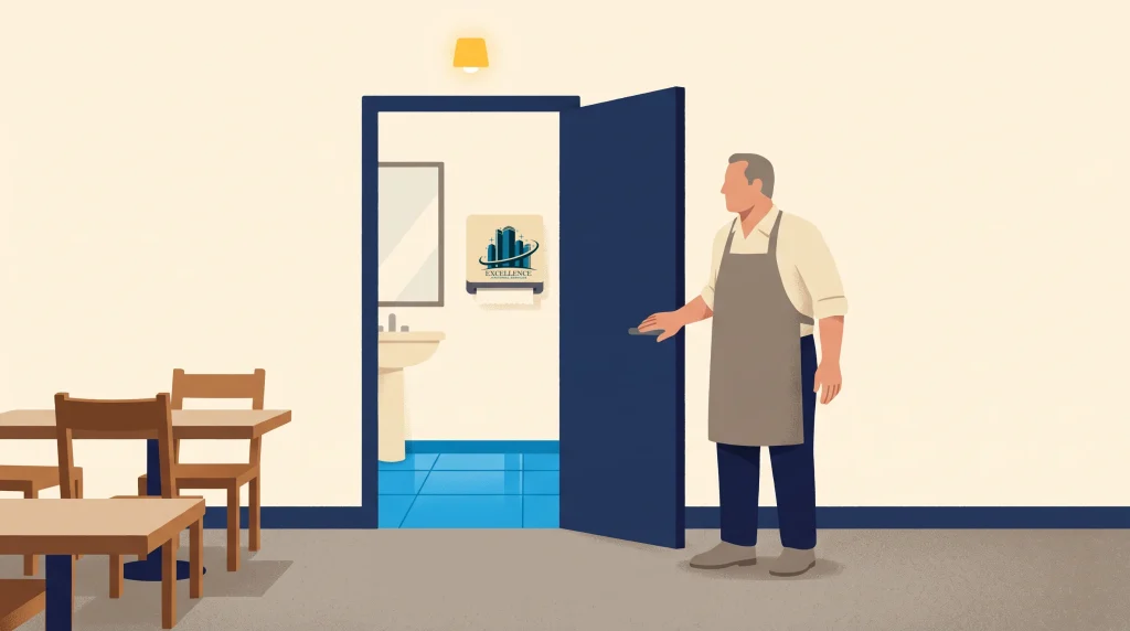 A man wearing an apron stands beside an open door in a dining area, revealing a restroom with blue floor tiles, a mirror, a sink, and a paper towel dispenser with a building logo on it.