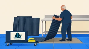 A man in a blue uniform lays down a large floor mat in a room with blue tiles. Nearby, a cart holds cleaning supplies and a display with a logo that reads “Excellence.”.