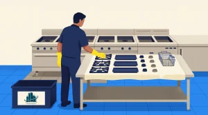 A person wearing yellow gloves cleans a stovetop in a commercial kitchen. Nearby are a bin labeled “EXCELLENT” and cleaning supplies. The kitchen has blue tiled flooring and multiple stainless steel appliances.