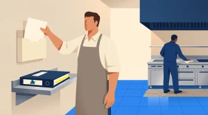 A man in an apron places a paper on a wall-mounted holder near a binder and printer, while another person works at a stove in a commercial kitchen with blue floors.
