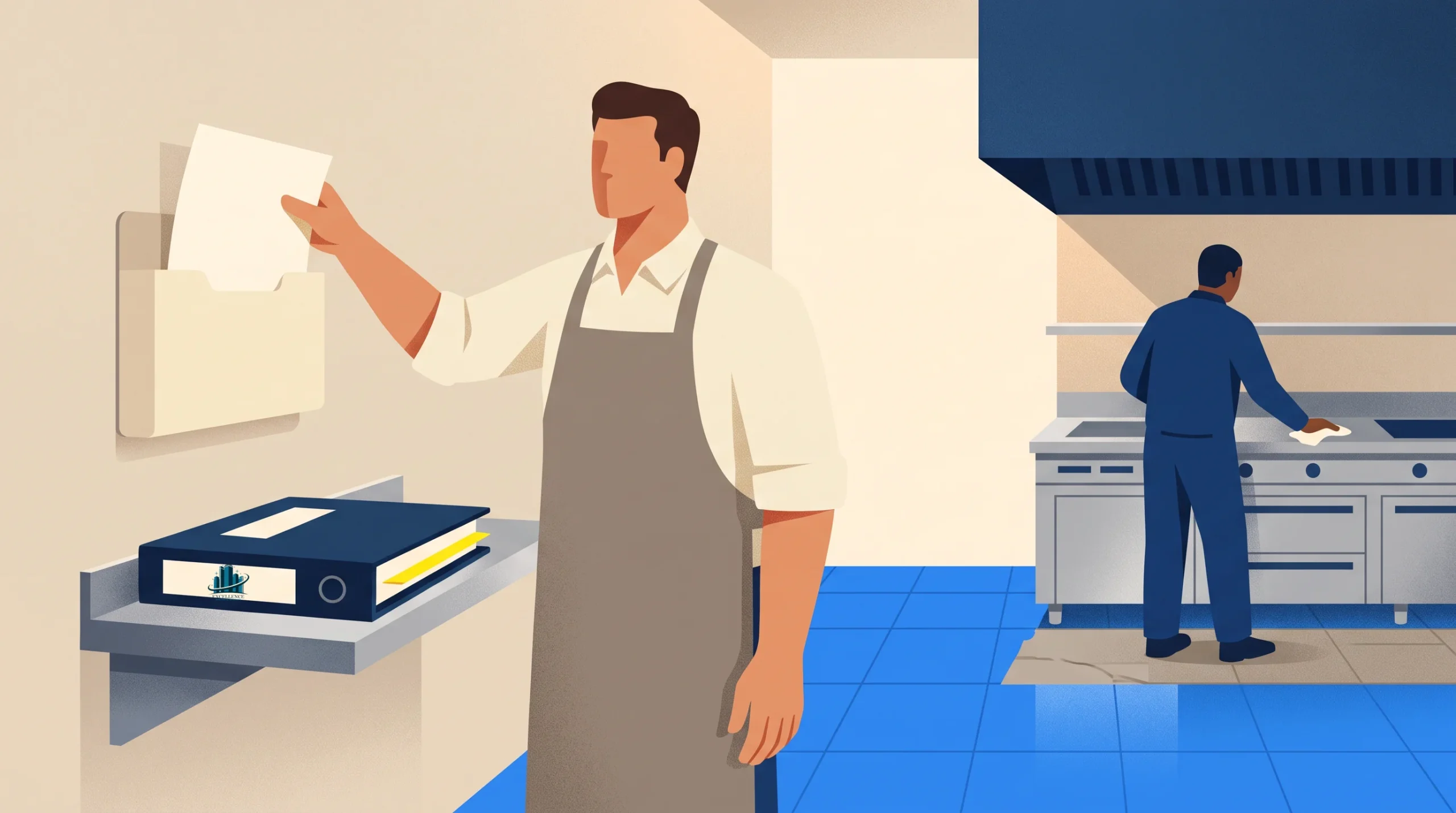 A man in an apron places a paper on a wall-mounted holder near a binder and printer, while another person works at a stove in a commercial kitchen with blue floors.